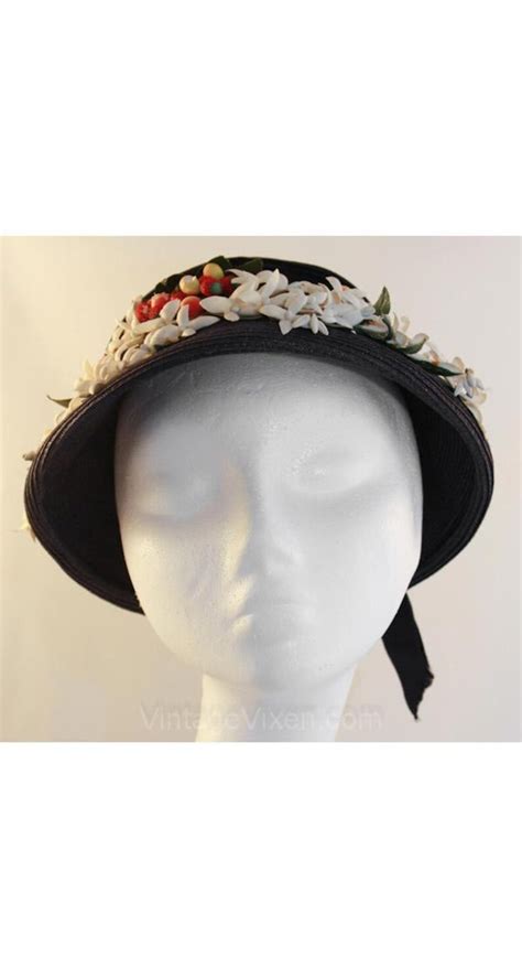 springtime 1950s navy straw hat with berries and flowers 50s etsy