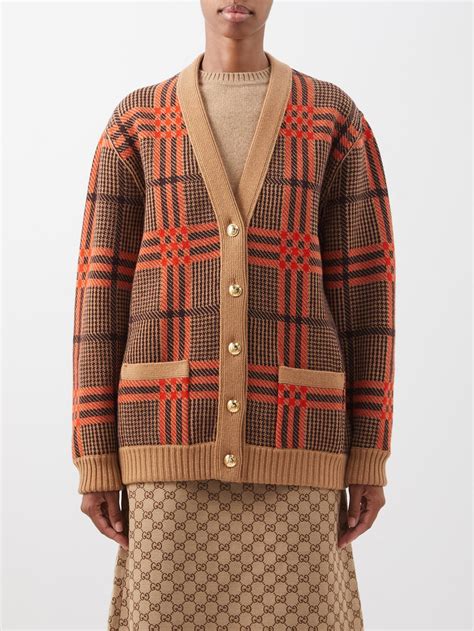 brown reversible check and gg jacquard wool blend cardigan gucci matchesfashion uk