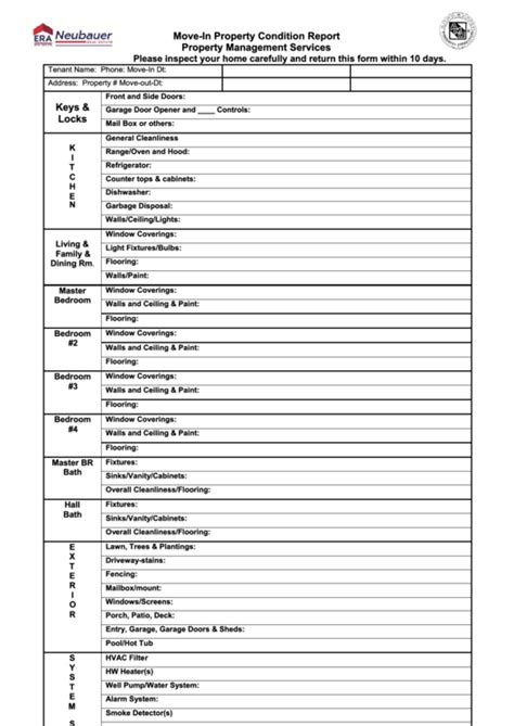 Move In Property Condition Report Template Printable Pdf Download