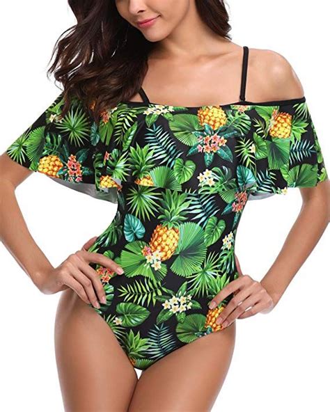 tempt me off shoulder one piece swimsuit for women ruffled retro bathing suit flounce printed