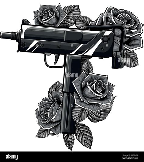 Design Of Weapont Uzi With Red Roses Vector Illustration Stock Vector