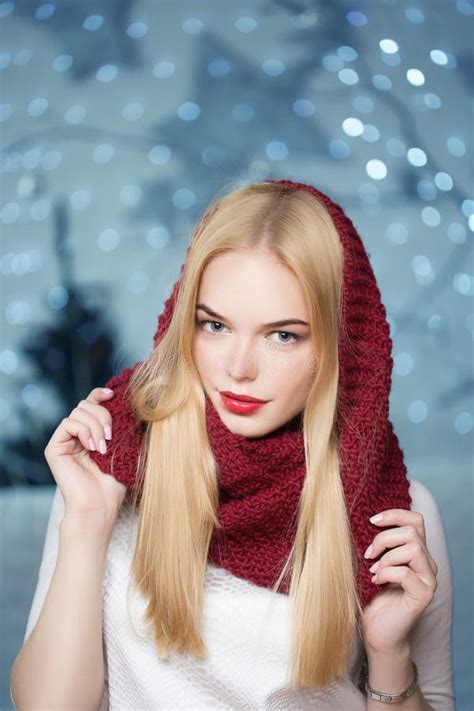 Beautiful Girl In A Red Hat At A Christmas Garland Stock Image Image