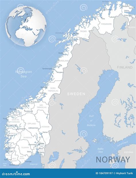 Blue Gray Detailed Map Of Norway And Administrative Divisions And