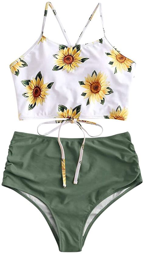 Zaful Sunflower Bikini Set Padded Lace Up Ruched Tankini High Waisted Bathing Suit