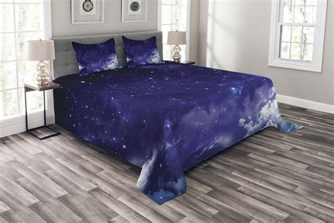 Space Bedspread Set Queen Size Dreamy Night With Stars Clouds Comets