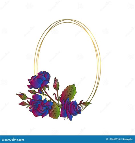 Greeting Card Template With Golden Oval Frame And Blue Rose Flowers