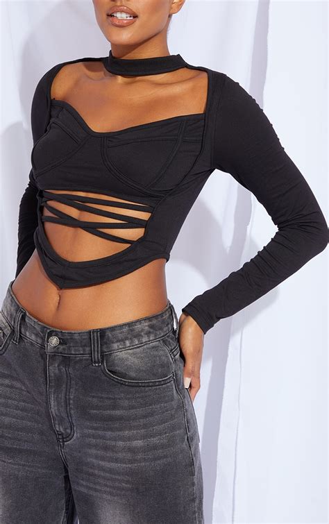 black cotton bust detail cut out strappy crop top prettylittlething