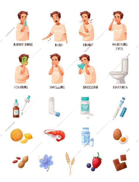 Allergy Icons Male Set With Symptoms Symbols Cartoon Isolated Vector