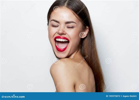 Woman Portrait Naked Shoulders Wide Open Mouth Closed Eyes Studio Red Lips Stock Photo Image