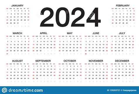 Calendar 2024 Week Starts From Sunday Business Template Stock Vector