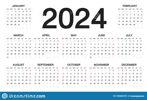 Calendrier 2024, Débuts De Semaine Du Dimanche, Calibre D'affaires