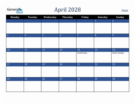April 2028 Haiti Monthly Calendar With Holidays