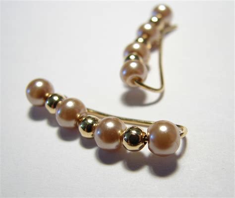 Ear Pins Champagne Gold Glass Pearls And Gold Beads Earrings Pair