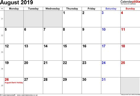 All dates are in 2019, unless otherwise specified. Calendar August 2019 (UK) with Excel, Word and PDF templates