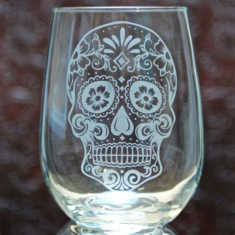 sugar skull stemless wine glass glass etched day of the dead