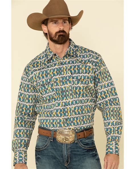 wrangler 20x men s advanced comfort teal aztec geo print long sleeve western shirt sheplers
