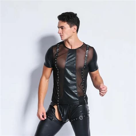 Cfyh 2018 Sexy Gothic Mens Sheer Mesh Leather Short Sleeve T Shirt