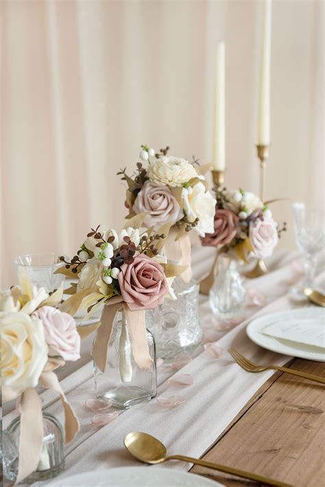 Centerpiece Mini Flower Bouquets Set Of 6 Neutral Dusty Rose In 2021 Wedding Reception