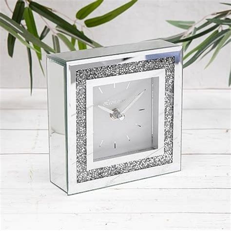 Square Loose Diamante Mantle Crushed Jewel Glass Mirrored Table Clock