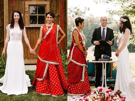 this indo american lesbian couple complemented each other in a red lehenga and white gown the