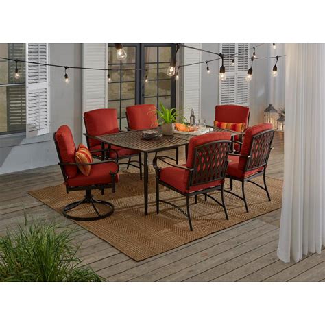 Hampton Bay Oak Cliff 7 Piece Outdoor Dining Set With Chili Cushions