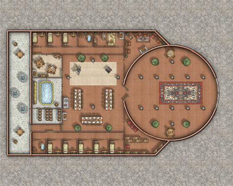 An Overhead View Of A Restaurant Floor Plan With Seating And Dining