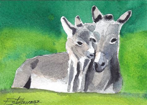 Aceo Original Watercolor Little Donkey And Its Mum Realism Original