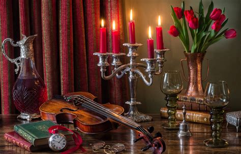Wallpaper Flowers Style Wine Violin Watch Books Candles Glasses