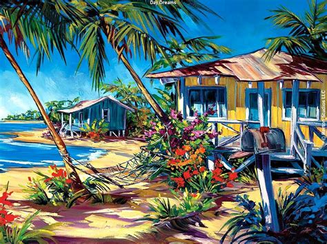 A Painting Of A Tropical Beach With Palm Trees