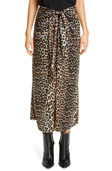 Ganni Leopard Print Silk Satin Midi Skirt In Black Lyst