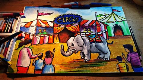 How To Draw Scenery Of Circus With Oil Pastel For Beginners Step By