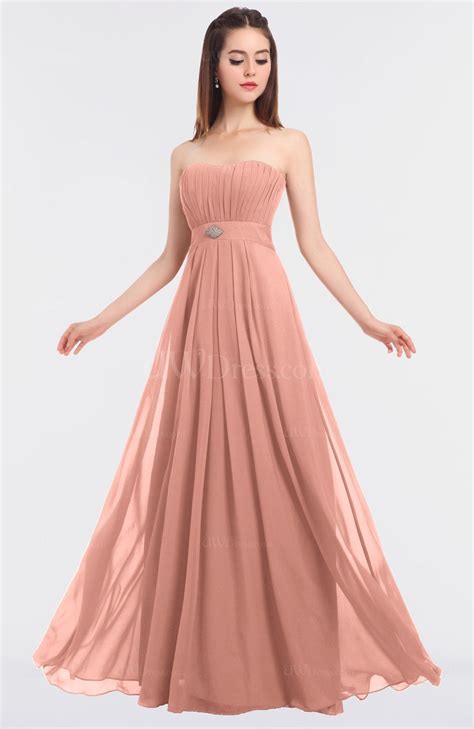 peach elegant a line strapless sleeveless floor length beaded bridesmaid dresses