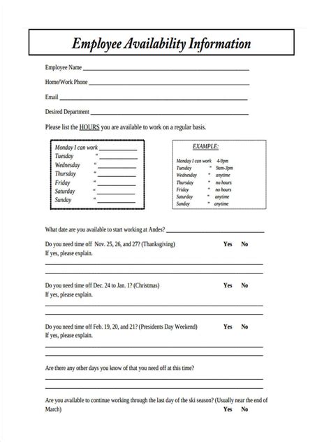 Free 7 Employee Availability Forms In Pdf Ms Word