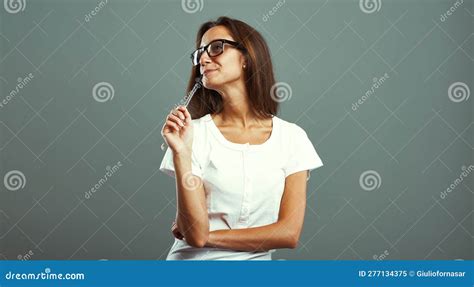Pensive Woman Captivating Thoughts Pen Attire Stock Image Image Of Glasses Experiencing