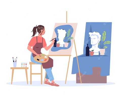 Premium Vector Woman Artist Sitting At The Easel And Painting Young