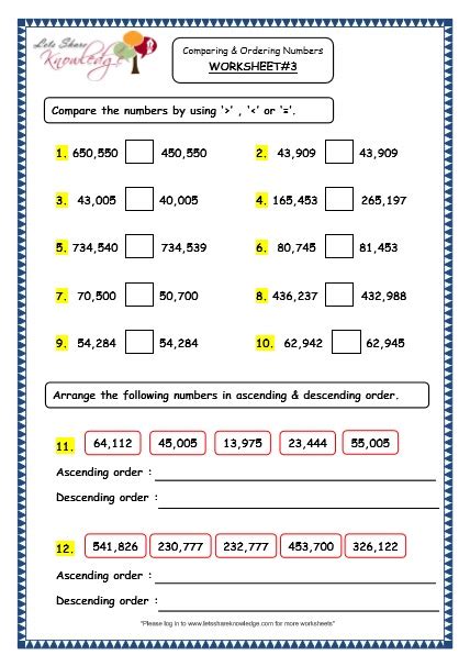 Grade 4 Maths Resources 12 Comparing And Ordering 5 And 6 Digit Numbers Printable Worksheets