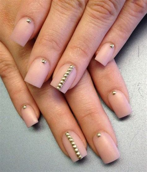 Elegant Looking Nude Nail Art With Pretty Gold Beads On Top The Beads