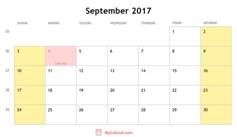 September 2017 Calendar With Holidays Monthly Printable Calendar