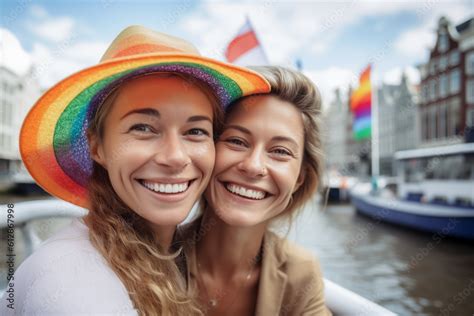 beautiful generative ai lesbian couple in a amsterdam s canal boat celebrating lgbtq pride with