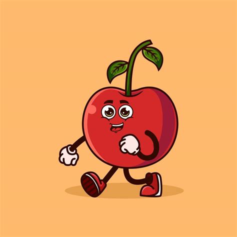 Cute Cherry Fruit Character Walking With Happy Face Fruit Character