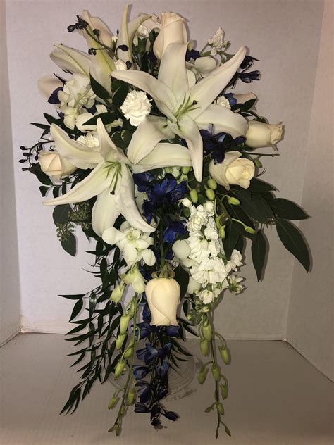 Cascade Bridal Bouquet White Oriental Lilies Blue Delphinium White