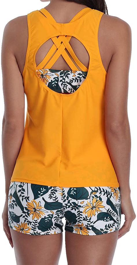 Yonique 3 Piece Athletic Tankini Swimsuit For Women Sport Orange Size