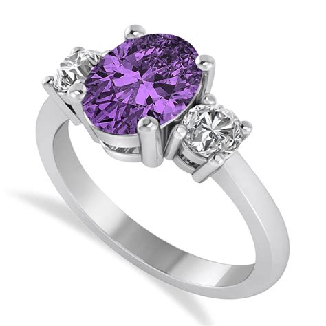 Oval And Round 3 Stone Amethyst And Diamond Engagement Ring 14k White Gold