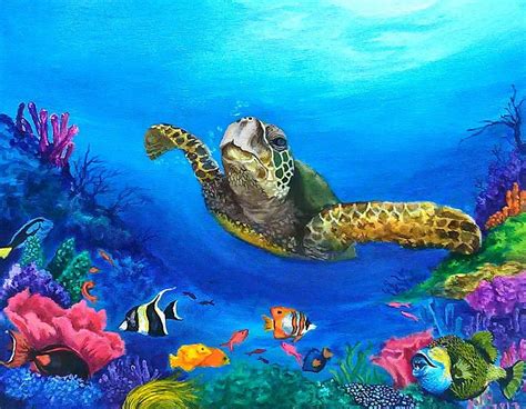 Rainbow Reef In Underwater Painting Sea Turtle Painting Turtle