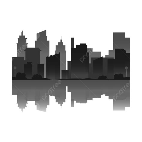 City Skyline Building Black And White Vector With Reflection City