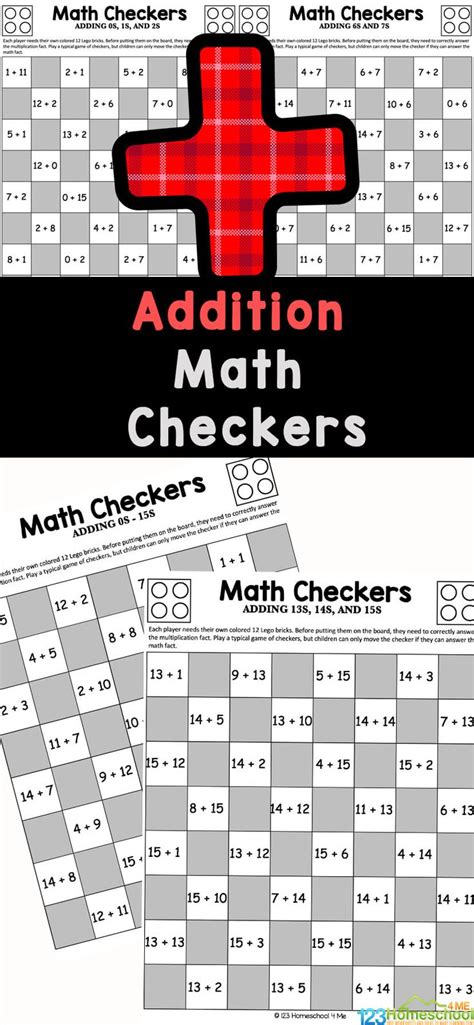 Addition Math Checkers With The Words Addition And Numbers In Red