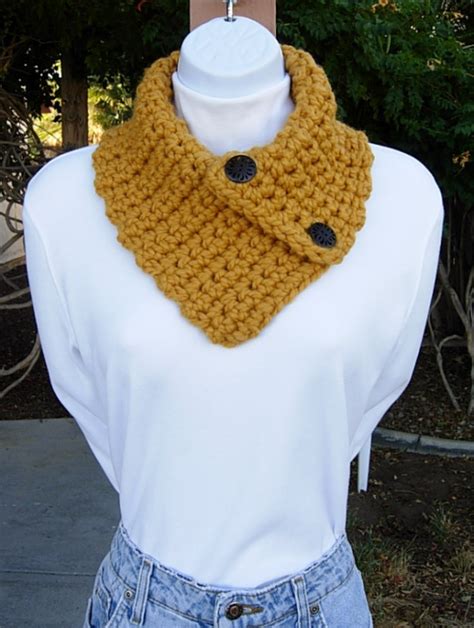 Mustard Yellow Winter Crochet Knit Neck Warmer Scarf Buttons Aftcra