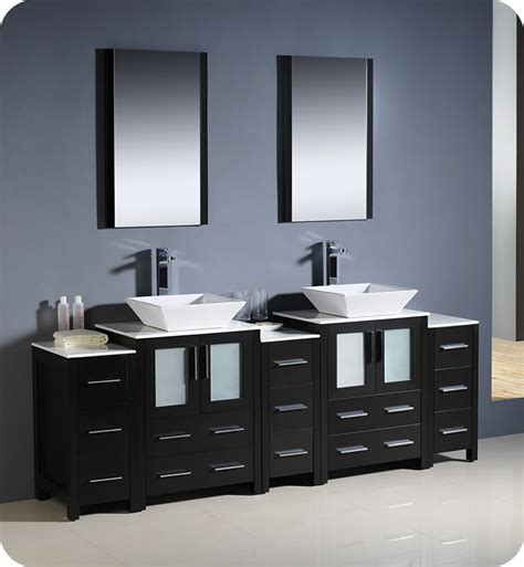 D bath vanity in dove grey with a cultured marble vanity top in white with white sink 84" Modern Double Sink Bathroom Vanity Vessel Sinks with Color, Faucet and Linen Side Cabinet Option