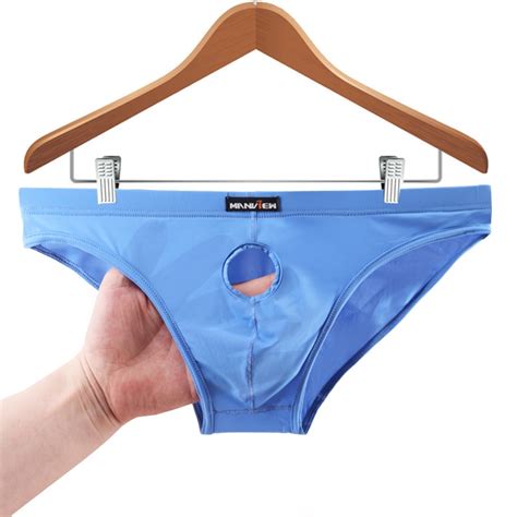 Pouch Hole Briefs Men Sexy Mens Underwear Gay Penis Opening Ice Silk