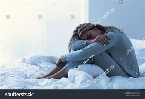 Depressed Woman Awake Night She Exhausted Stock Photo 1285836286